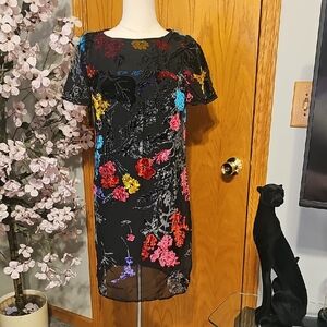 Anthropologie Black Floral Velvet Mesh Dress